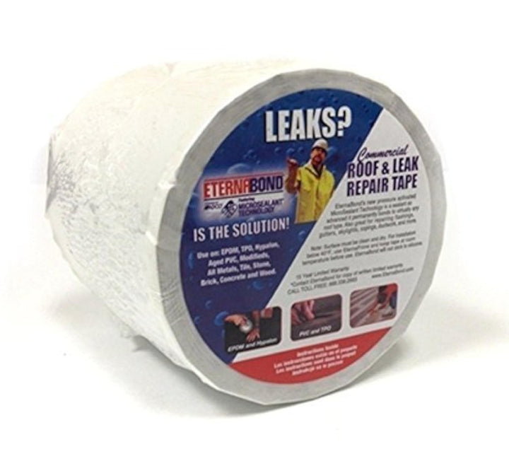 EternaBond White RoofSeal front view showing tape roll and quick watertight repair benefit