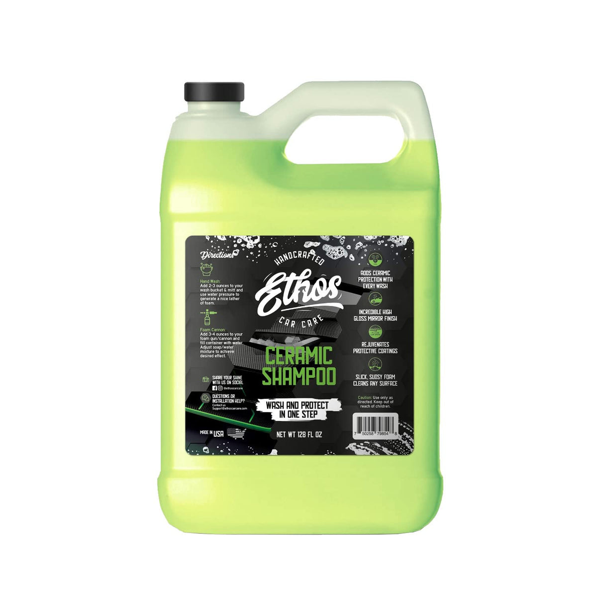 Ethos Handcrafted Car Care front label showing product benefits and shine