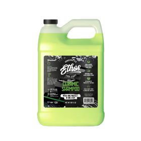 Ethos Handcrafted Car Care front label showing product benefits and shine