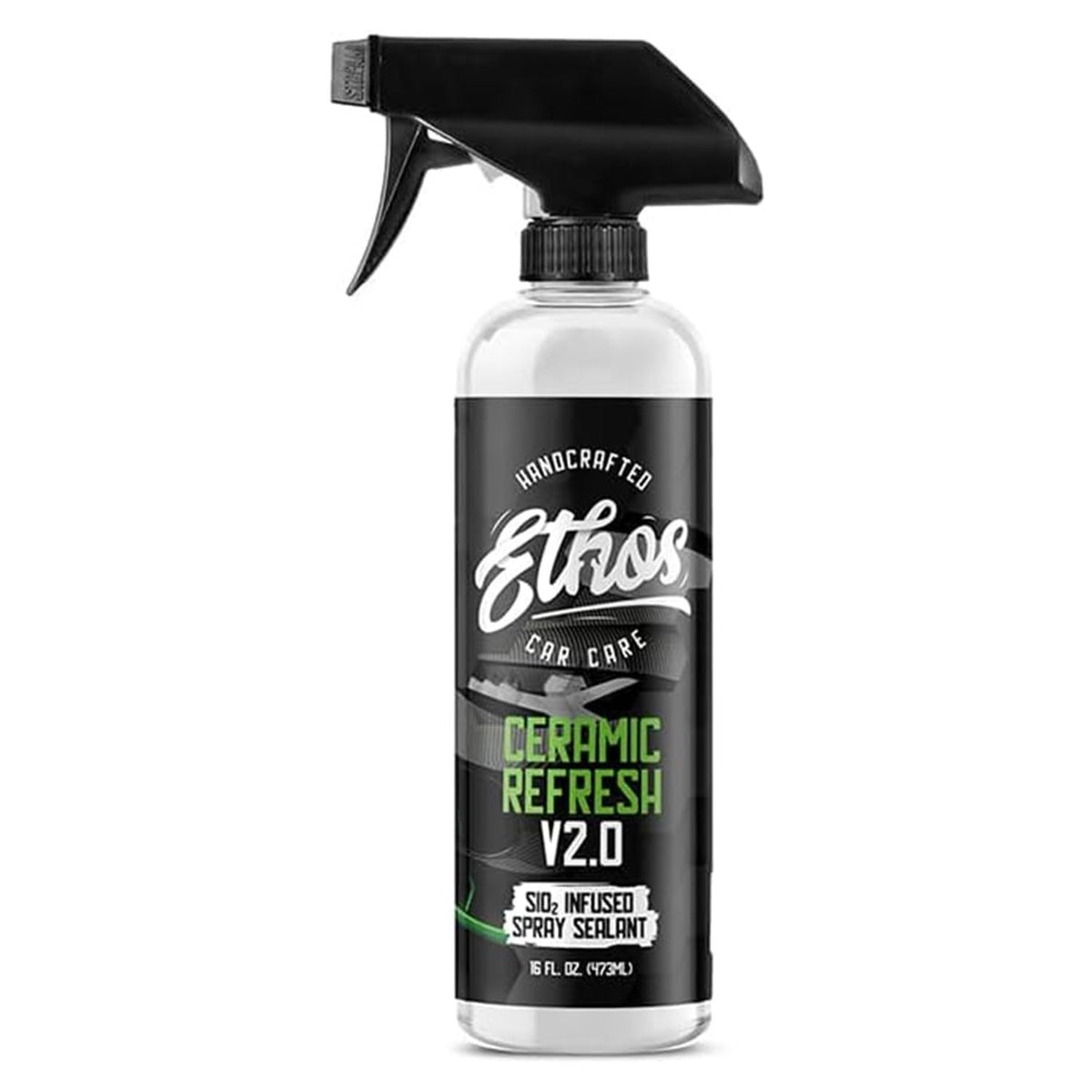 Ethos Handcrafted Car Care product front label showing bottle and branding for clear identification and trust