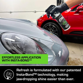 Ethos Handcrafted Car Care water beading on hood illustrating hydrophobic protection and easier cleaning