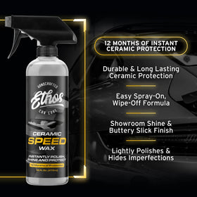 Ethos ceramic speed wax label close-up highlighting SiO2 ceramic technology benefits