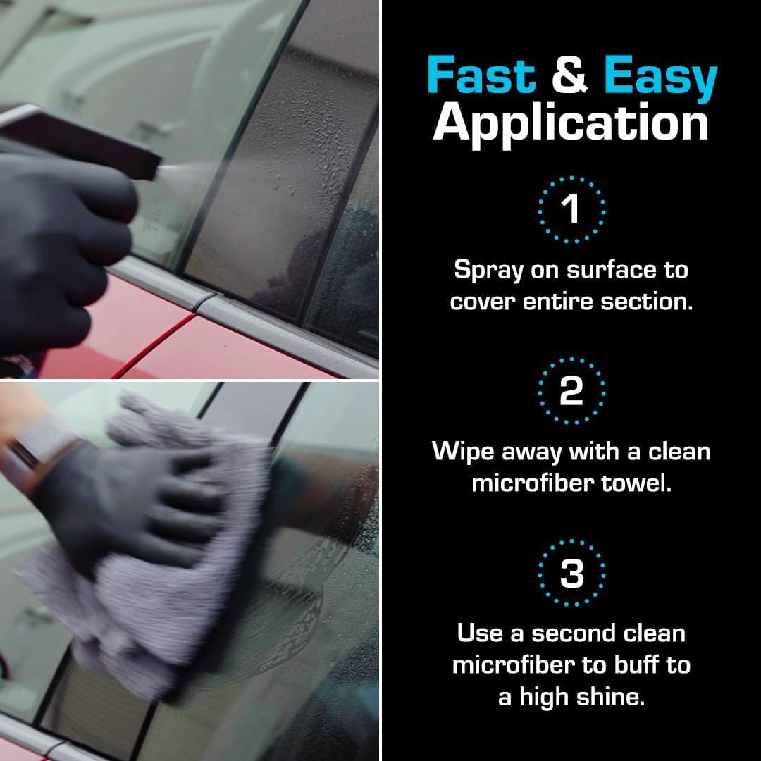 Ethos Handcrafted Car Care bottle beside parked car showing convenient on-the-go use