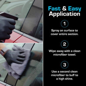 Ethos Handcrafted Car Care bottle beside parked car showing convenient on-the-go use