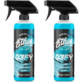Ethos Handcrafted Car Care front bottle showing label and benefits