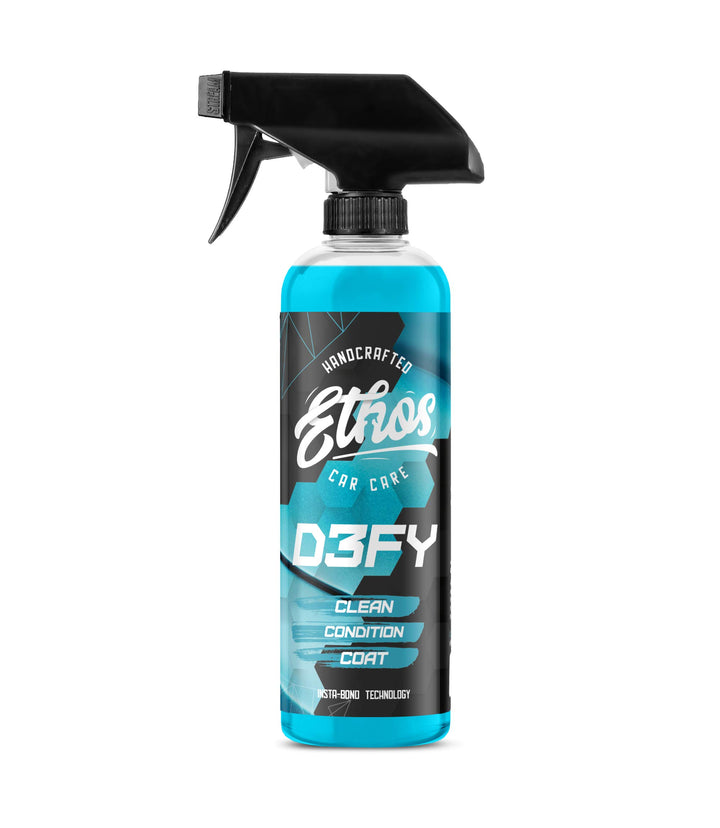 Ethos Handcrafted Car Care front spray bottle showing label and trigger for quick application