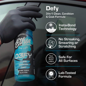 Ethos Defy being sprayed onto car panel demonstrating easy waterless application