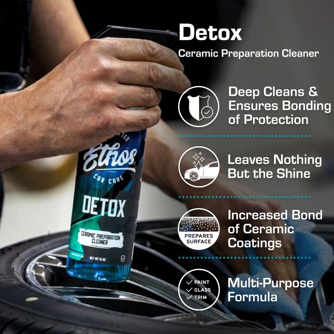 Ethos Handcrafted Car Care Detox being sprayed onto a car panel for quick prep
