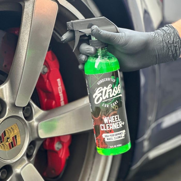 Ethos Handcrafted Car Care gel changing color on rim showing active iron removal benefit