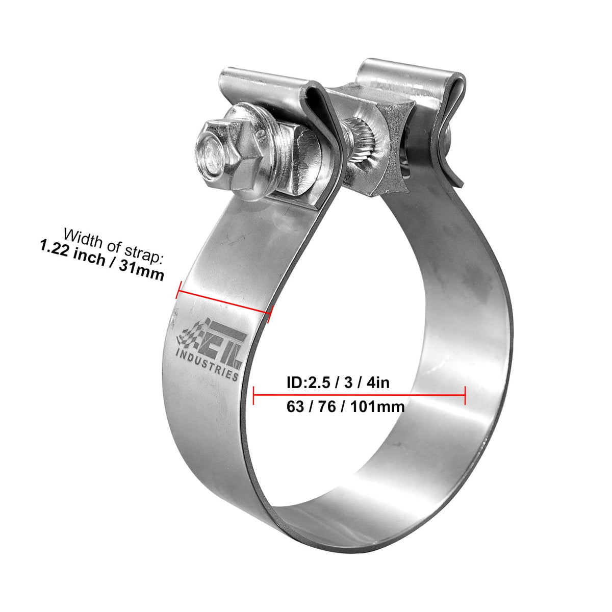 ETL INDUSTRIES clamp mounted on 4-inch exhaust pipe demonstrating leak-resistant joint