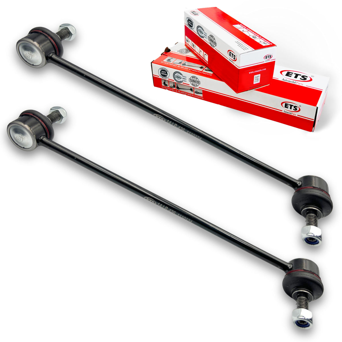 ETS front sway bar link kit packaged showing parts and warranty benefit