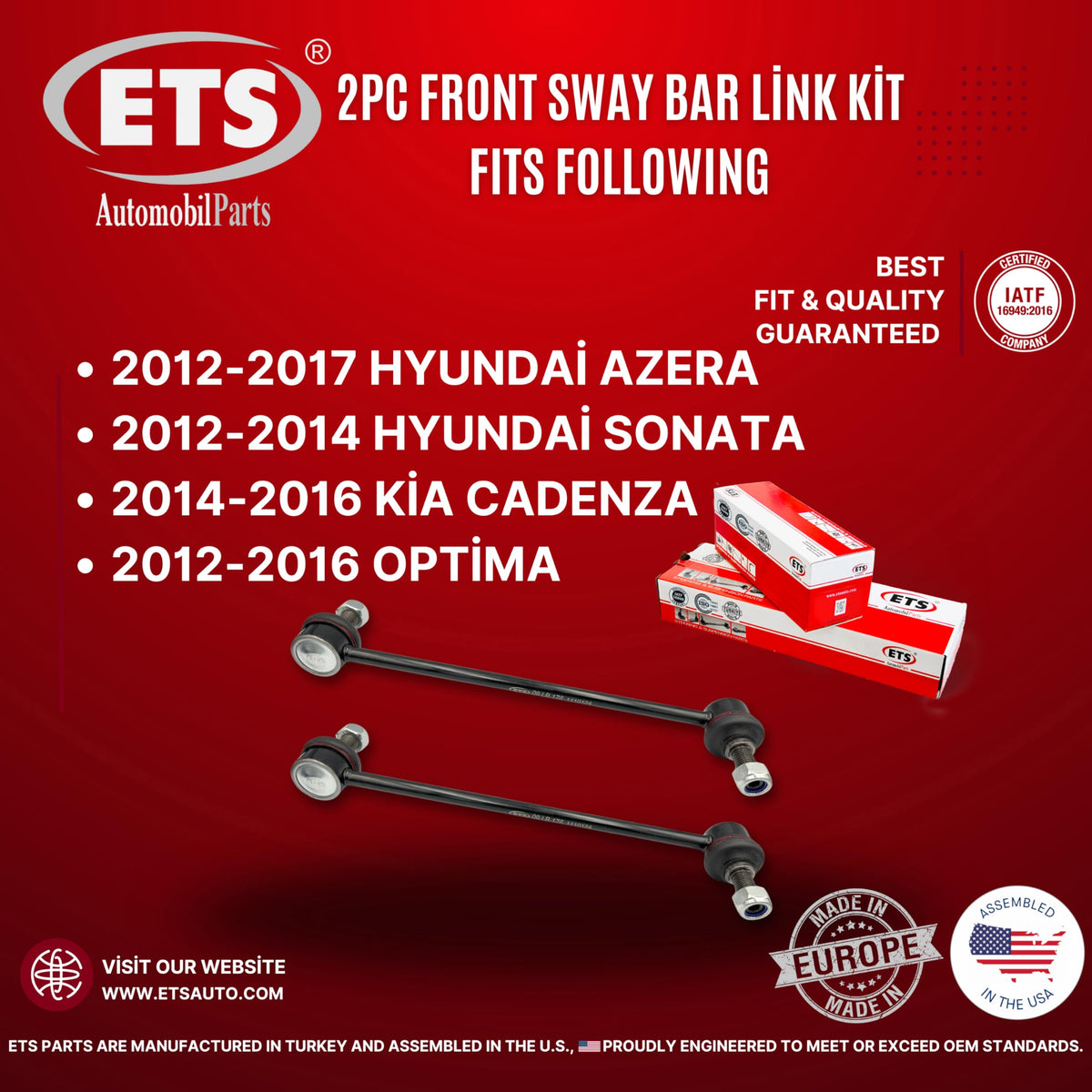 ETS sway bar link close-up of ball joint and bushing — highlights durable construction