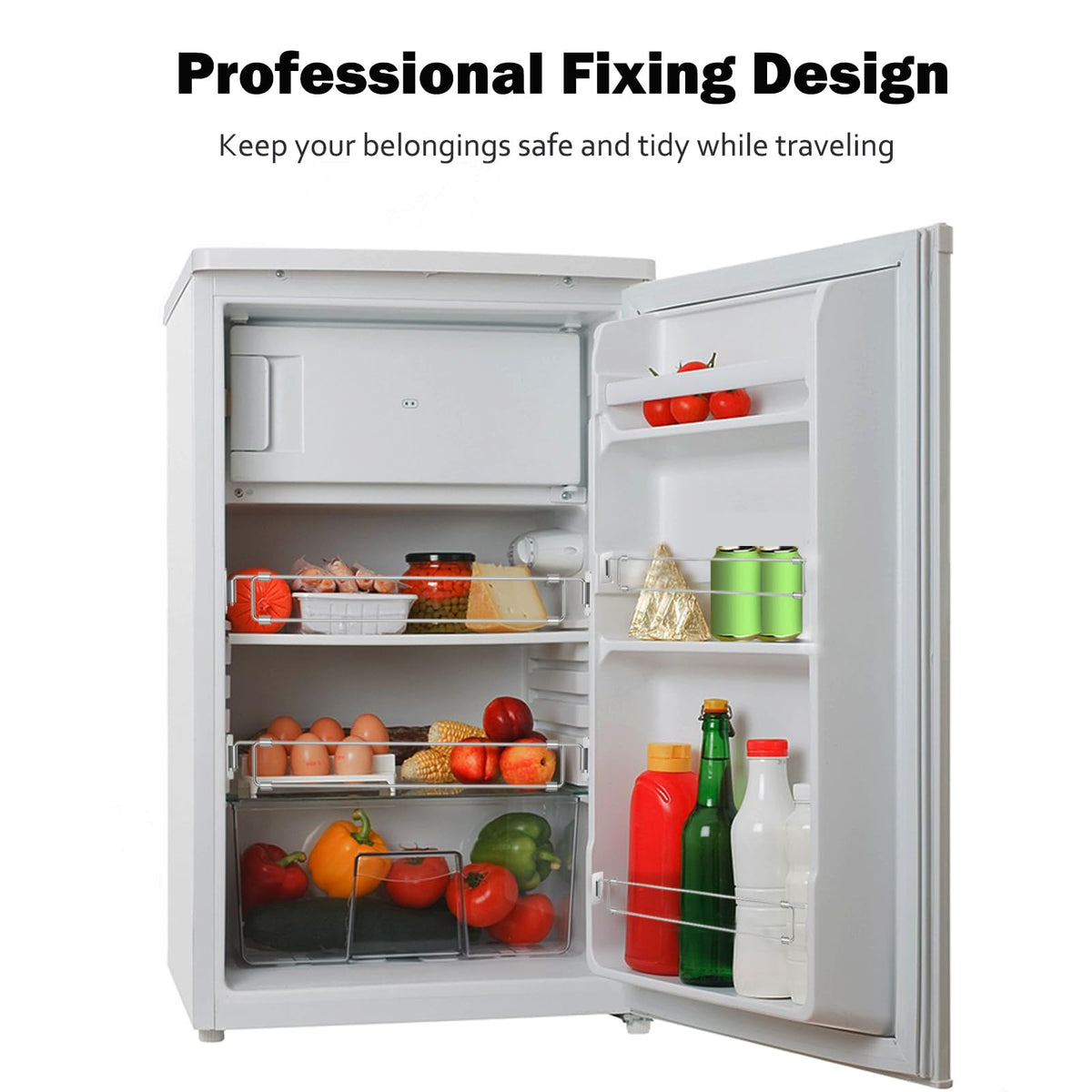 Eudaemiles rods in a travel trailer kitchen showing tidy, secured storage on the go