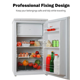 Eudaemiles rods in a travel trailer kitchen showing tidy, secured storage on the go
