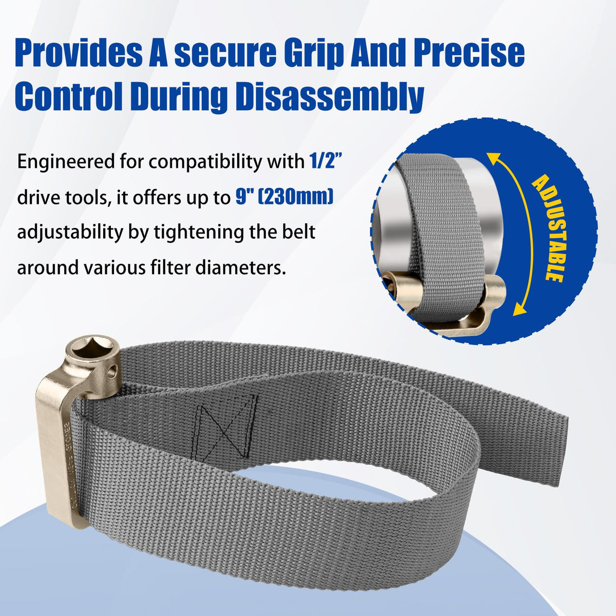 Eudaimonia strap wrench in use on a car oil filter delivering safe, non-damaging removal