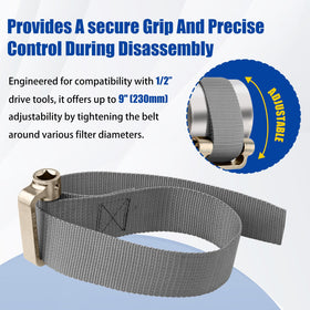 Eudaimonia strap wrench in use on a car oil filter delivering safe, non-damaging removal