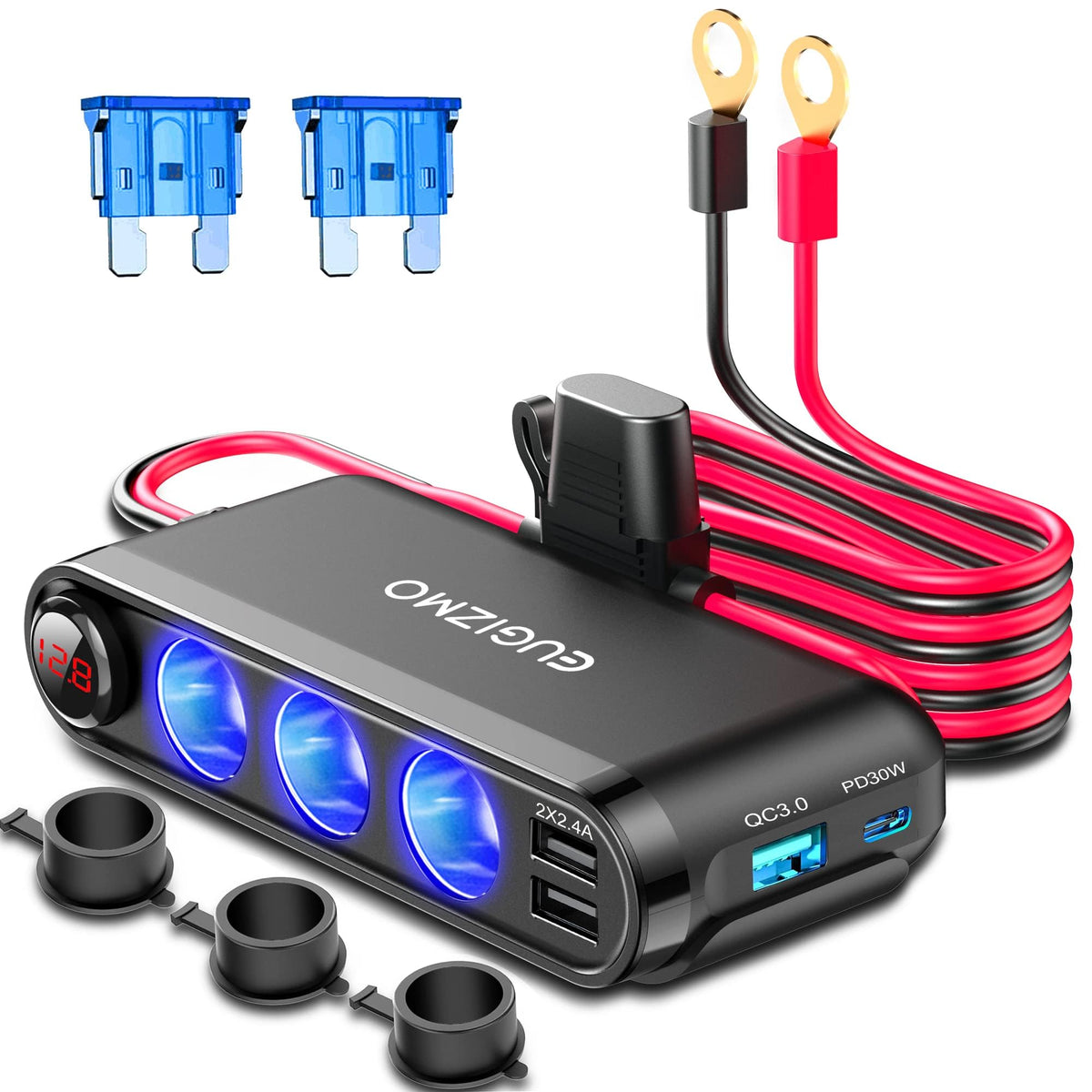 Eugizmo front panel showing three sockets and USB ports for versatile charging