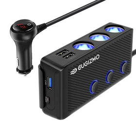 EUGIZMO front view of splitter showing three sockets and USB ports benefits organized charging