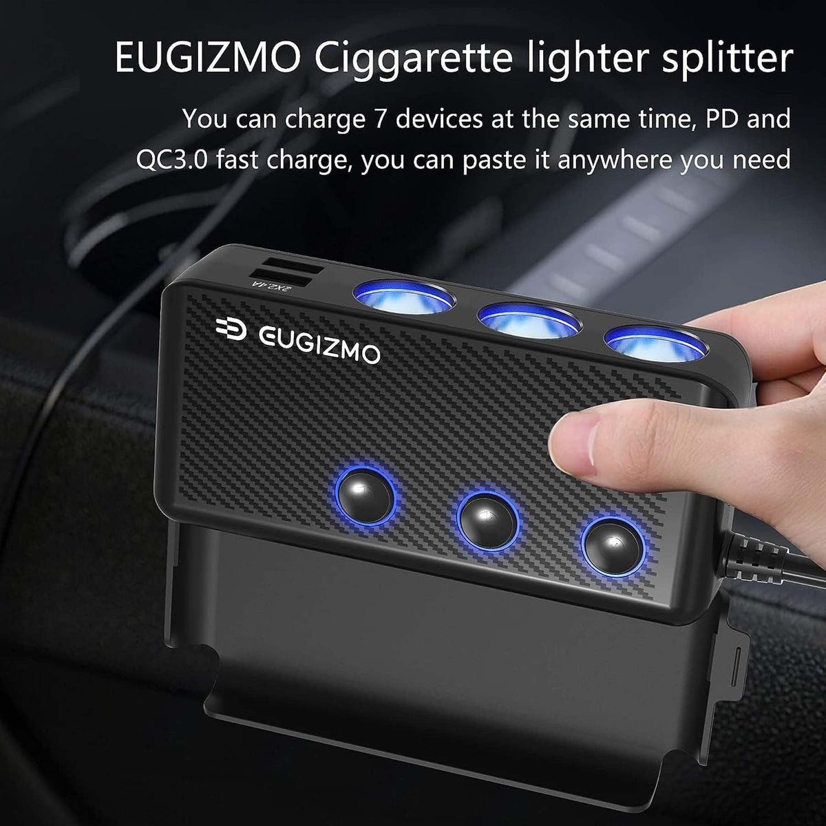 EUGIZMO installed on a car dash powering devices with tidy cable layout benefit