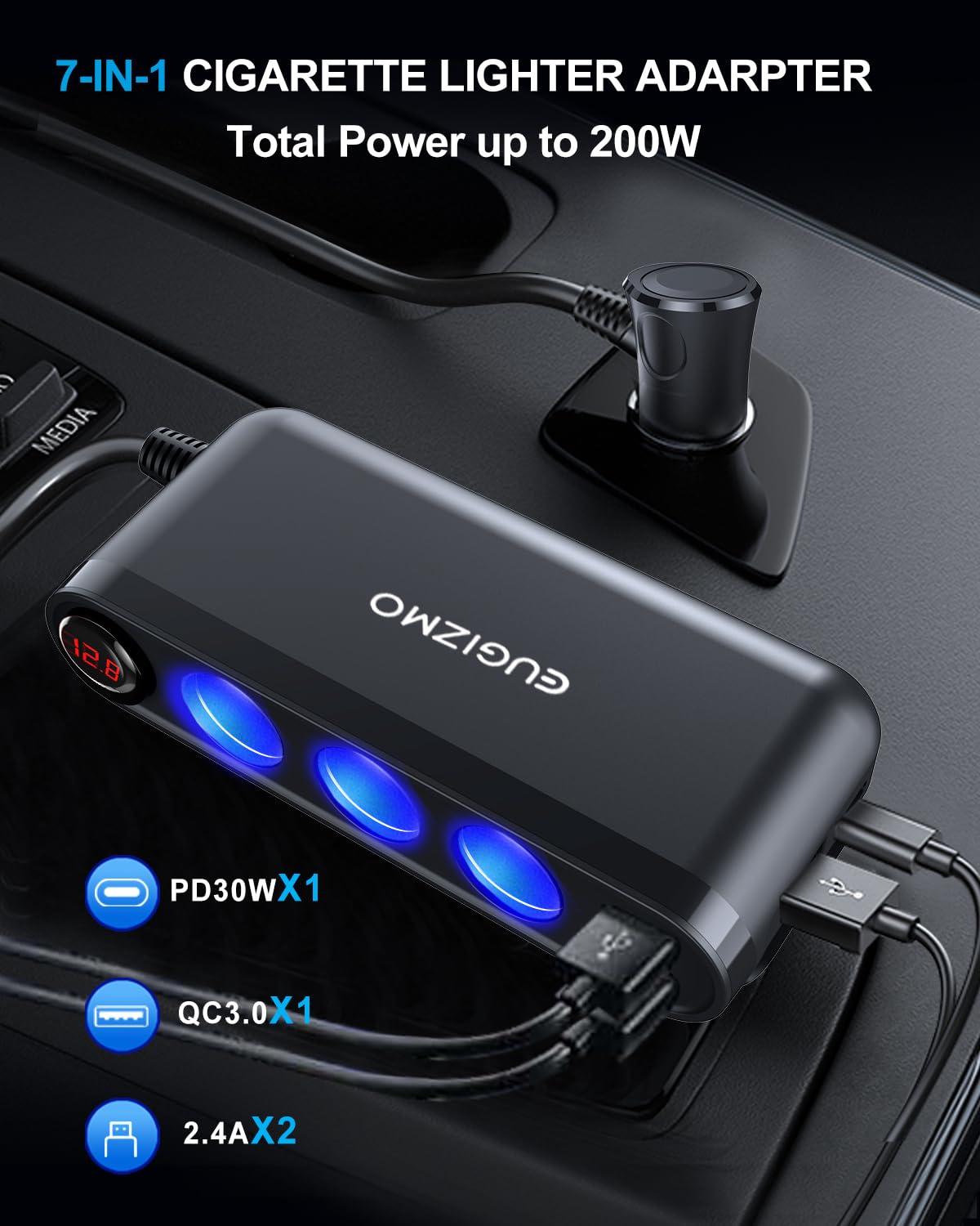 EUGIZMO side view of three cigarette lighter sockets for multiple 12V accessories