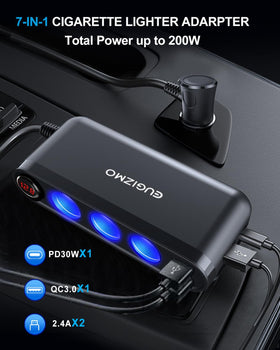 EUGIZMO side view of three cigarette lighter sockets for multiple 12V accessories