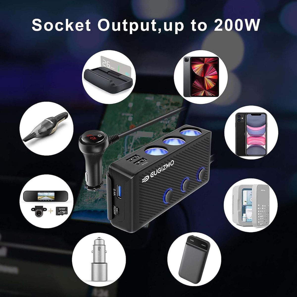 EUGIZMO cigarette lighter socket in use with dashcam showing stable accessory power