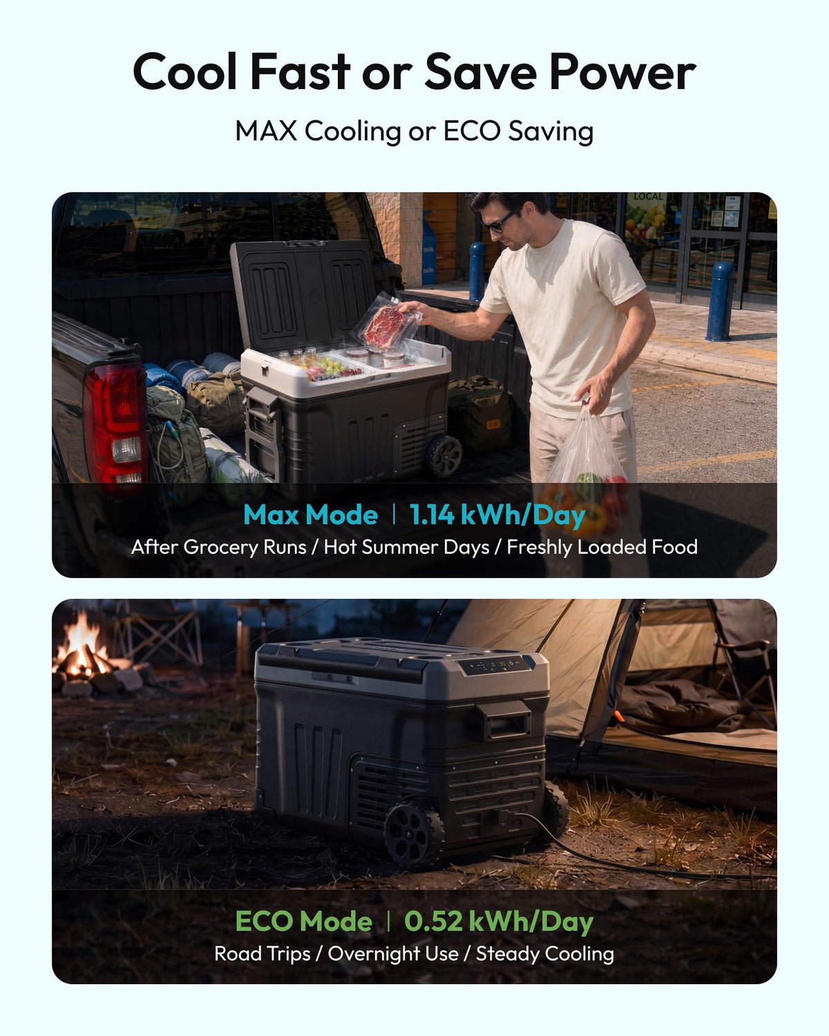 EUHOMY on campsite with tent showing outdoor cooling convenience benefit