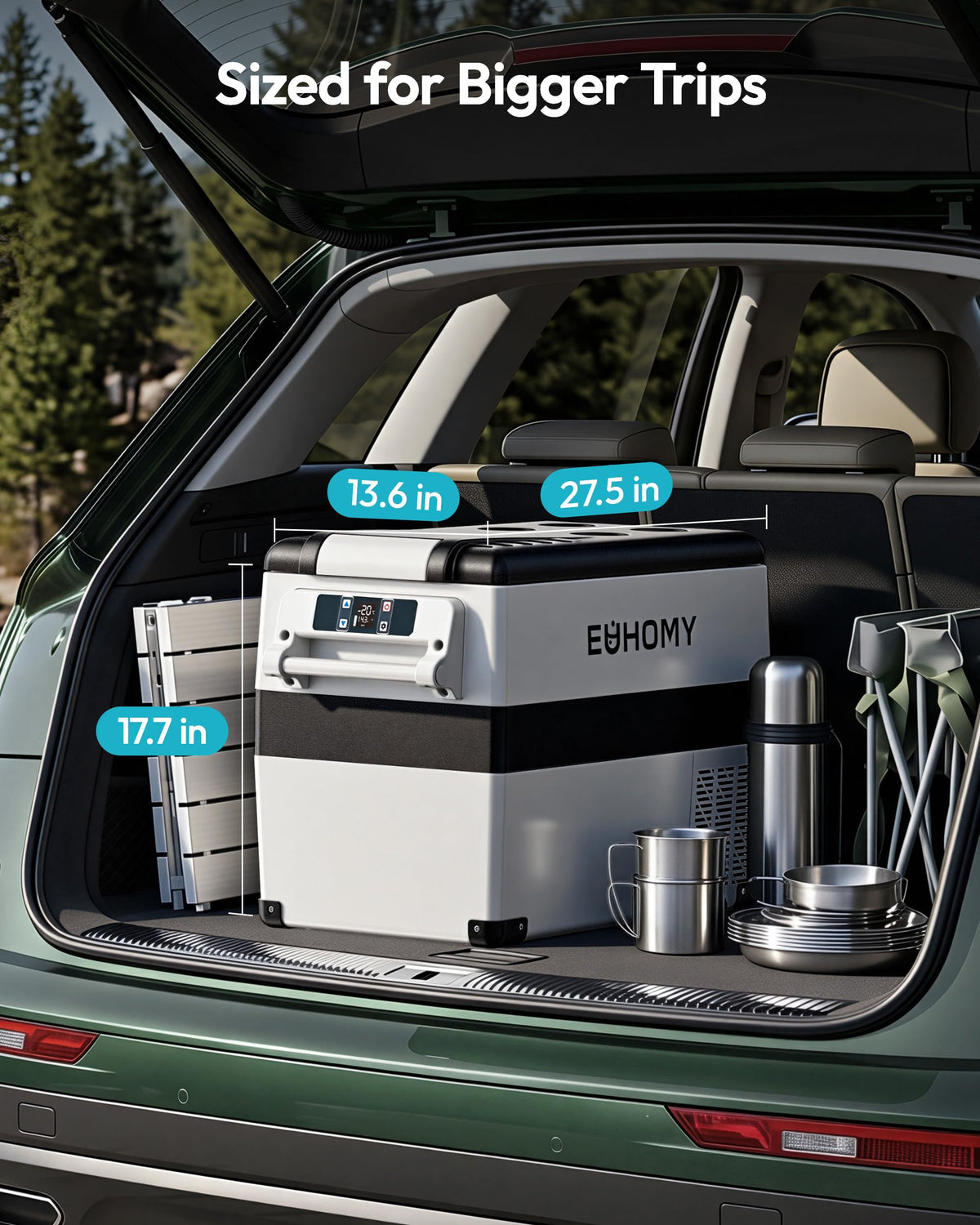 EUHOMY fridge installed in car trunk demonstrating travel-ready power flexibility