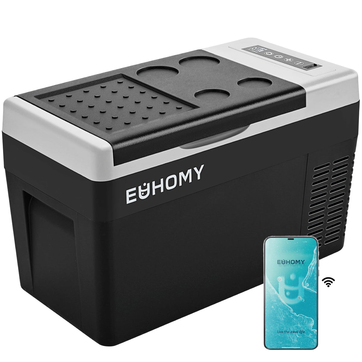 EUHOMY front view compact fridge showing controls and portability benefit