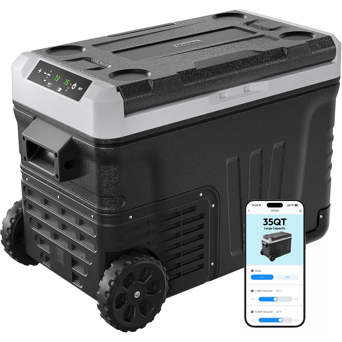 EUHOMY front view showing compact 35QT fridge and portable design benefit