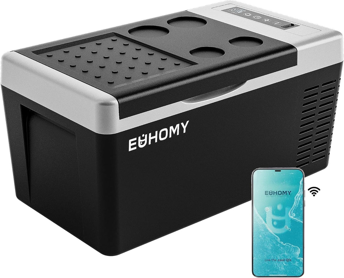 EUHOMY front view closed lid showing compact portable fridge and convenience