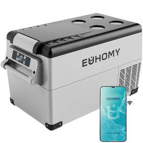EUHOMY front view of 37QT fridge showing compact design and portability benefit
