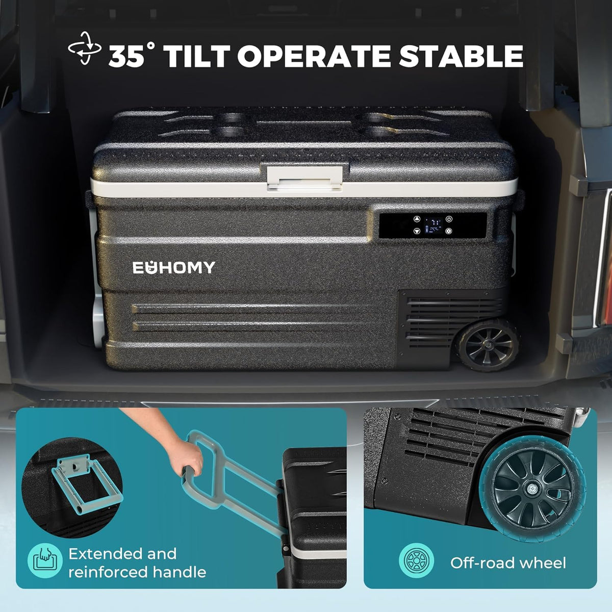 EUHOMY portable fridge in a car at campsite showing onboard cooling convenience