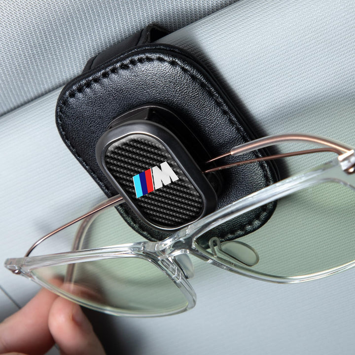 EULIX front view of sunglasses holder showing sleek leather and durable clip, protects glasses