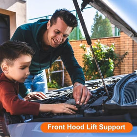Euplokeer struts holding open Ford Edge hood in garage showing safer maintenance access