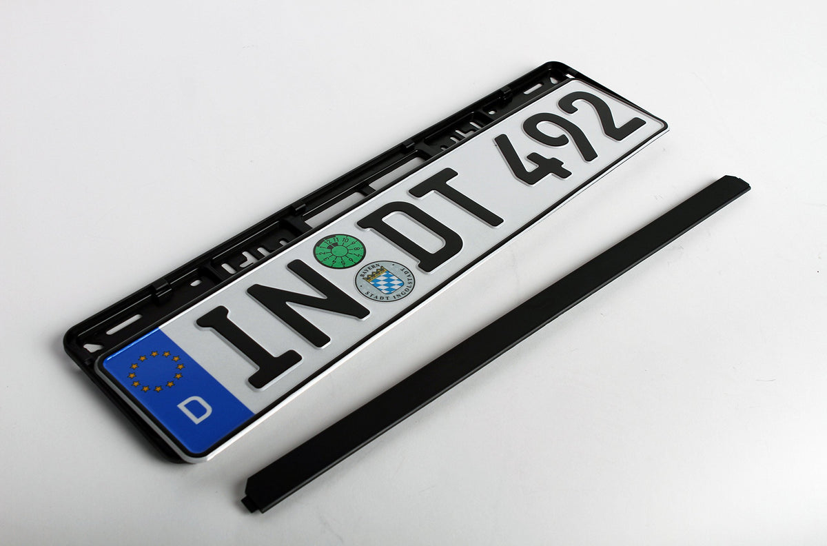 European License Plates in-car installed on bumper demonstrating secure attachment