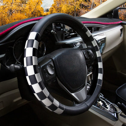 Evankin front view of black and white lattice steering wheel cover showing design benefit of stylish protection