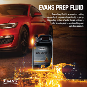 Evans fluid pouring into radiator neck demonstrating clean flush capability