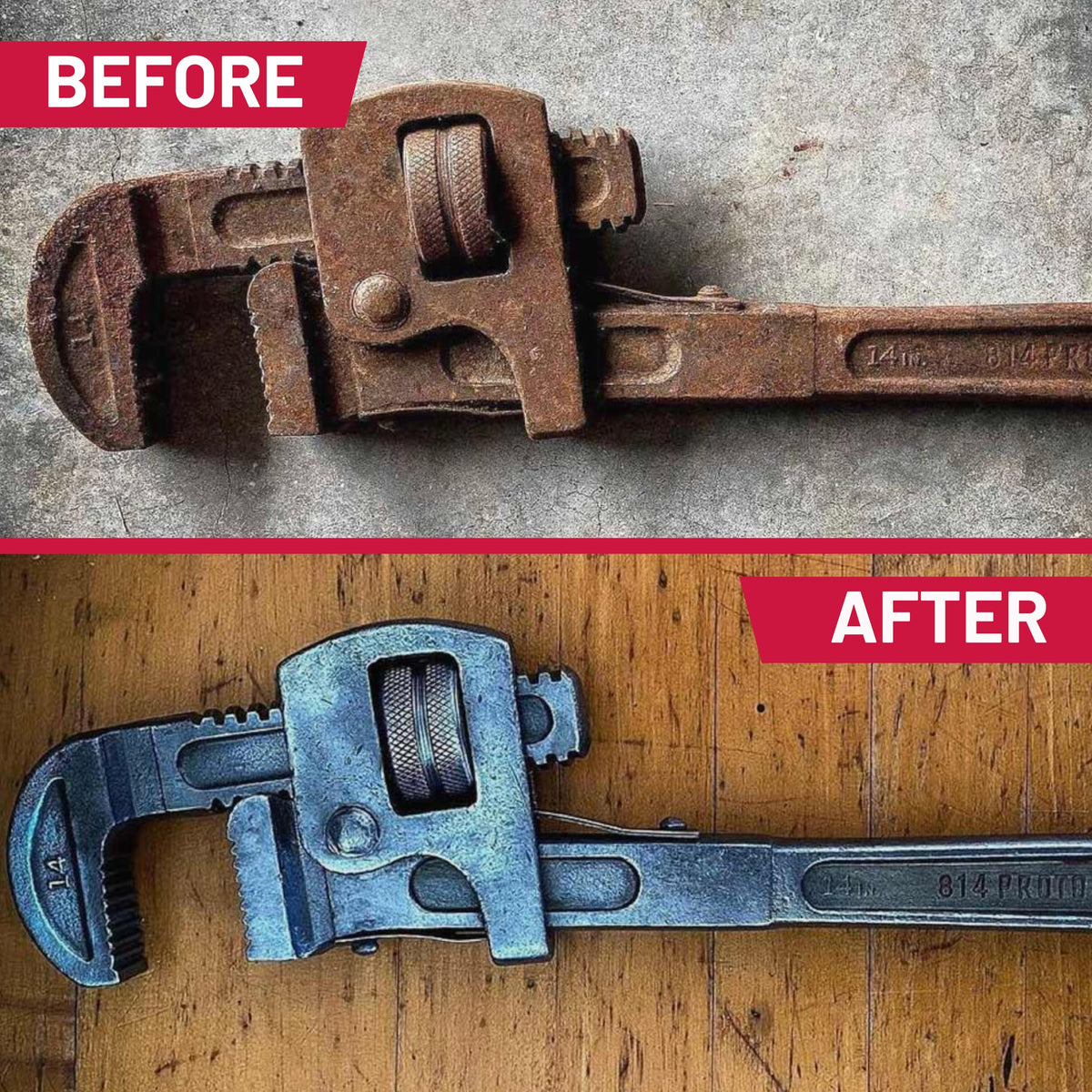Evapo-Rust removing rust from an automotive part submerged showing effective cleaning