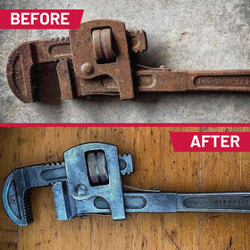 Evapo-Rust removing rust from an automotive part submerged showing effective cleaning