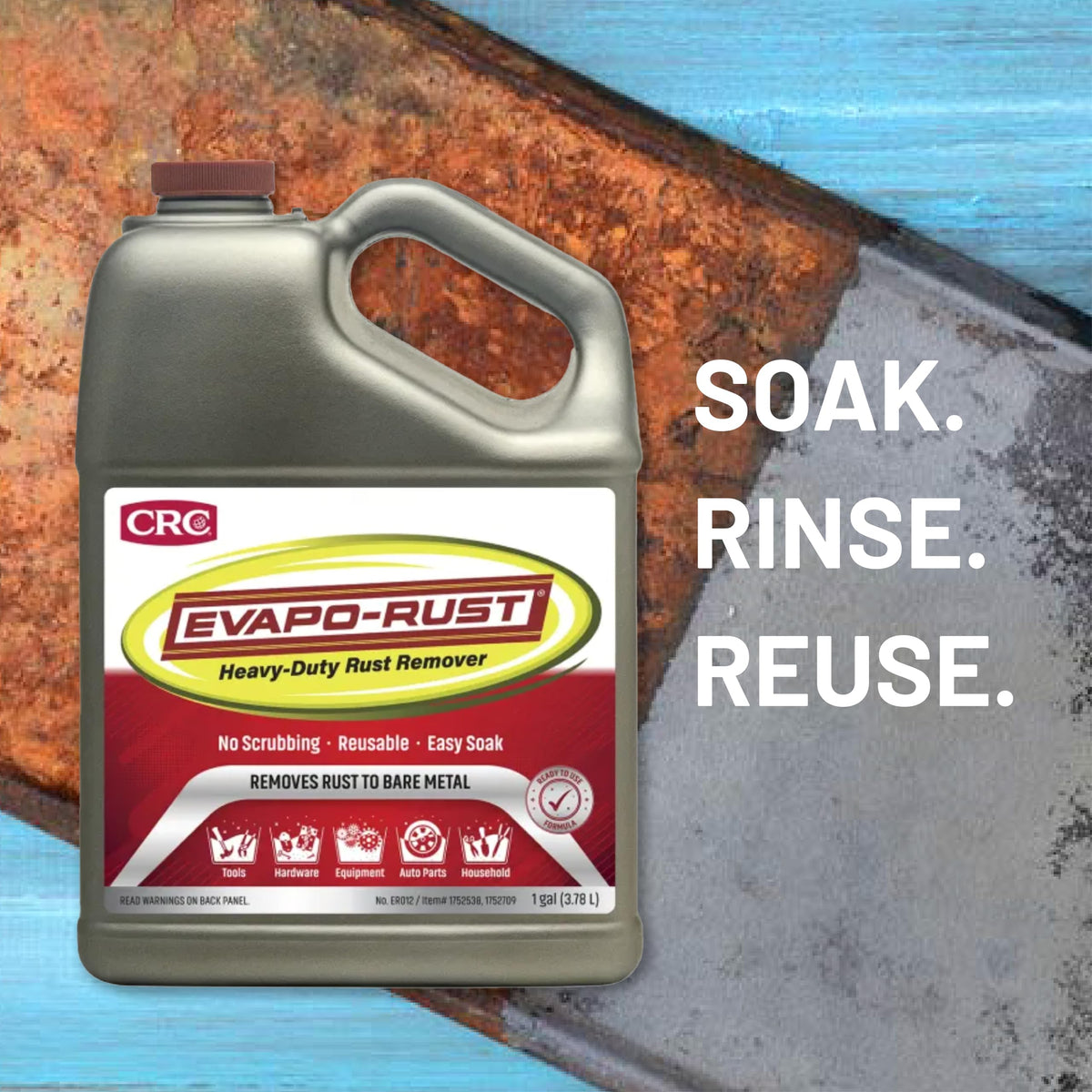 Evapo-Rust before and after tool comparison showing restored metal with improved appearance