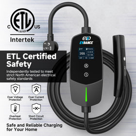 EVDANCE included adapter plugs and accessories showing outlet compatibility