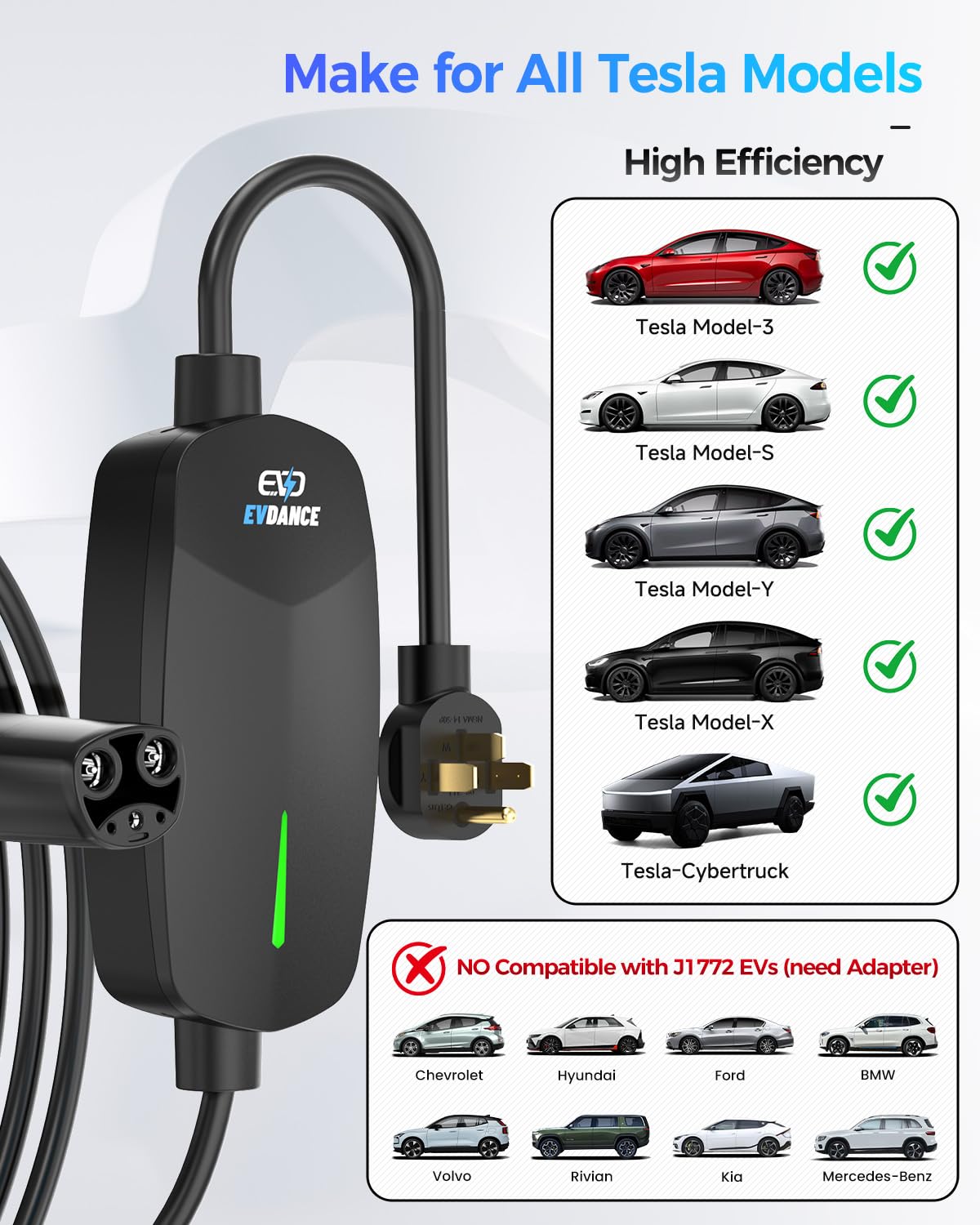 EVDANCE long 25-foot cable displayed to show flexible parking reach