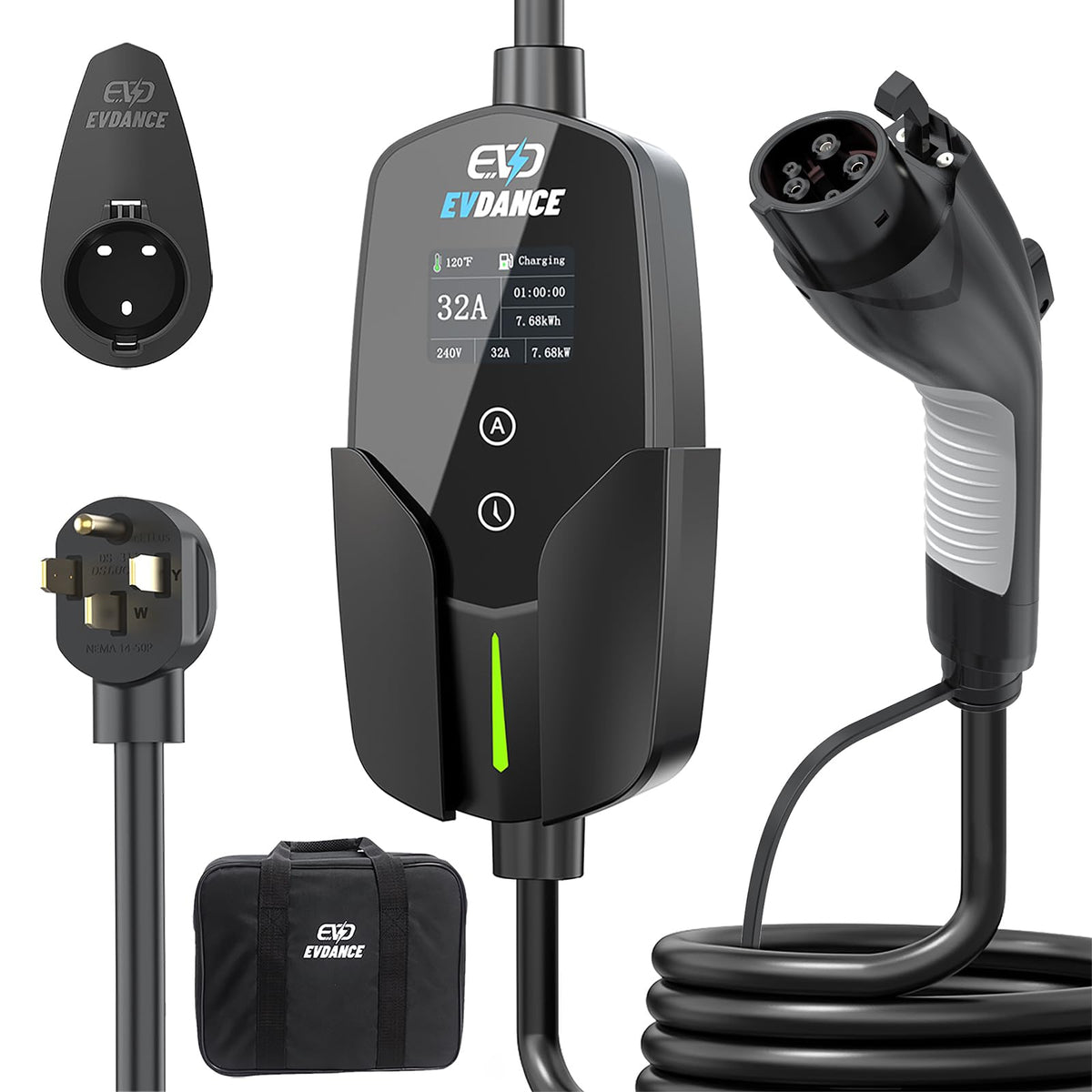 EVDANCE front panel and J1772 connector showing compact design and portability