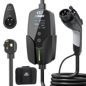 EVDANCE front panel and J1772 connector showing compact design and portability