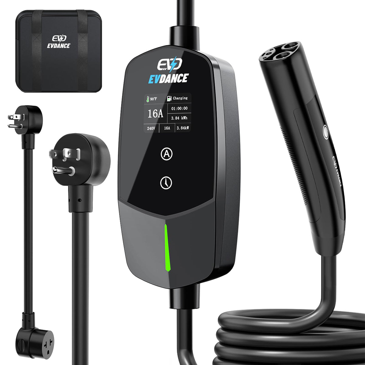 EVDANCE front view of charger showing compact design and portability benefit