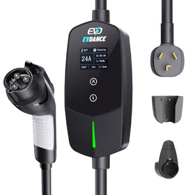 EVDANCE front view of charger showing controls and sturdy handle benefit quick setup