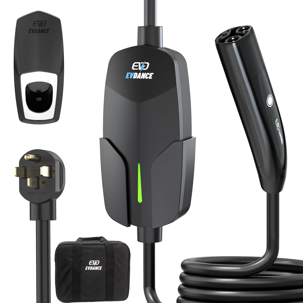 EVDANCE front view of portable NACS charger showing compact design and quick setup