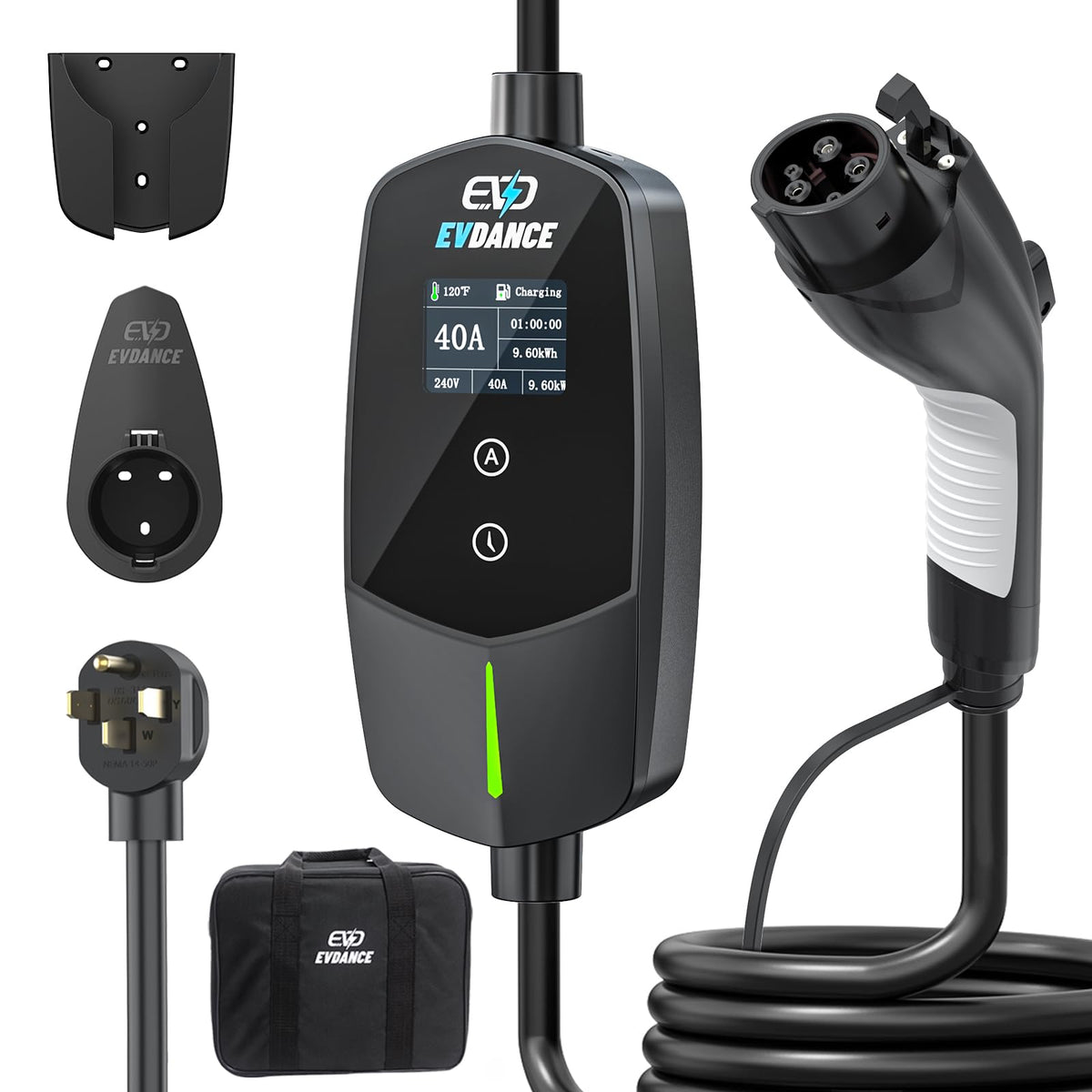 EVDANCE front view plugged into NEMA 14-50 showing ready-to-charge benefit