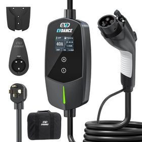 EVDANCE front view plugged into NEMA 14-50 showing ready-to-charge benefit